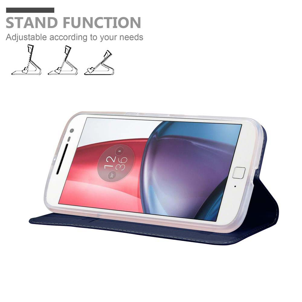 Un teléfono inteligente en una funda azul oscuro que funciona como soporte.