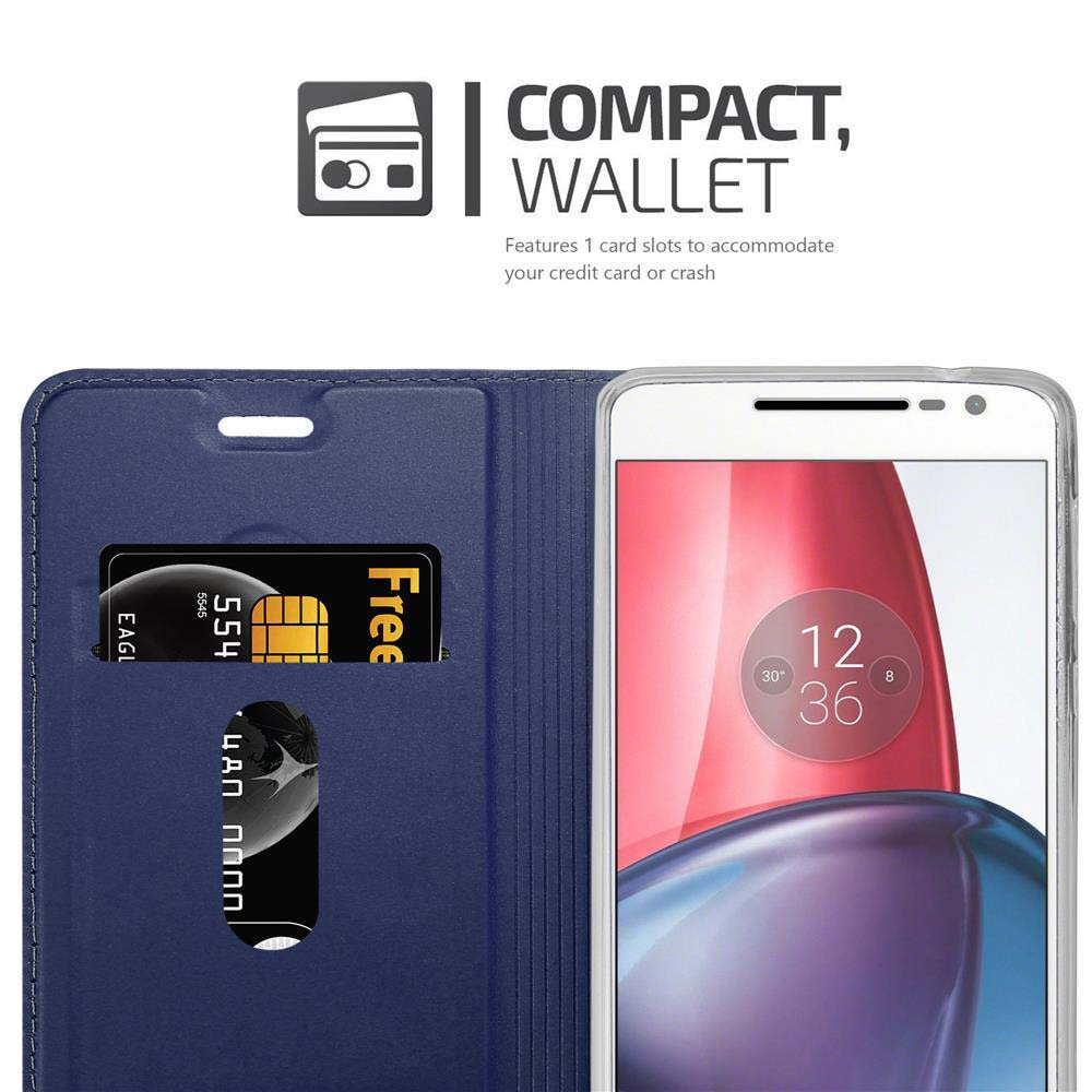 Cartera azul con ranura para teléfono, muestra 2 tarjetas. El teléfono muestra las 12:36.