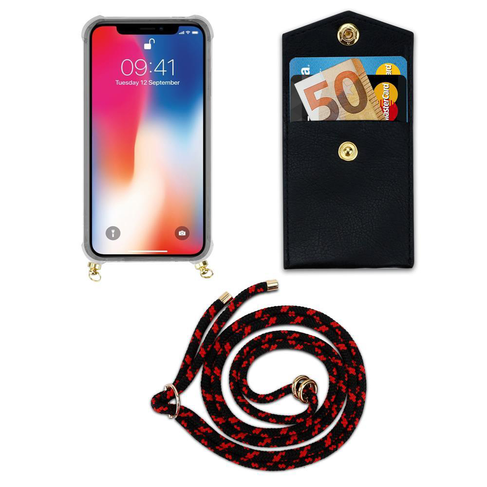 Uno smartphone con un portafoglio nero e un cordino.