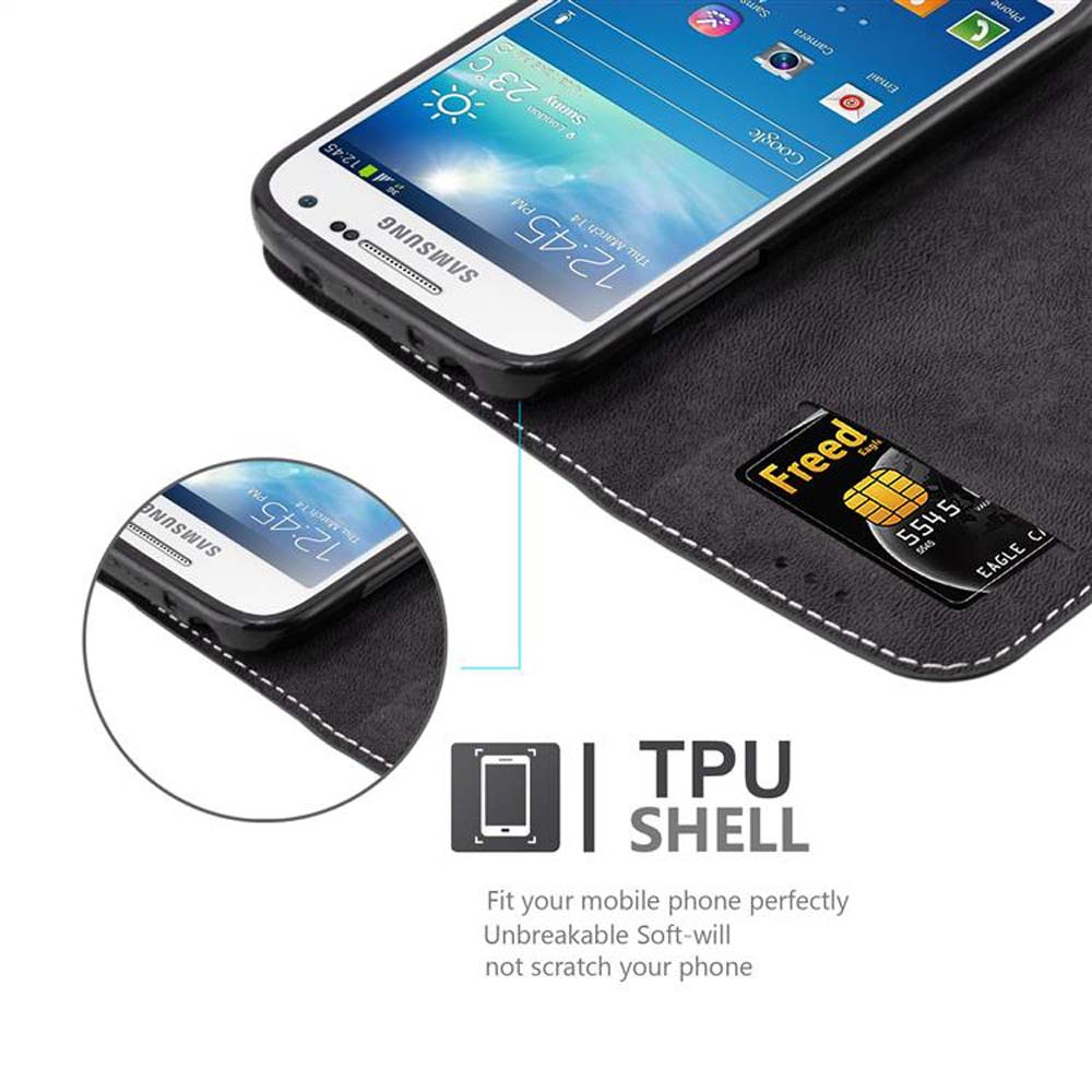 Uno smartphone Samsung in una custodia nera con scheda SIM e testo.