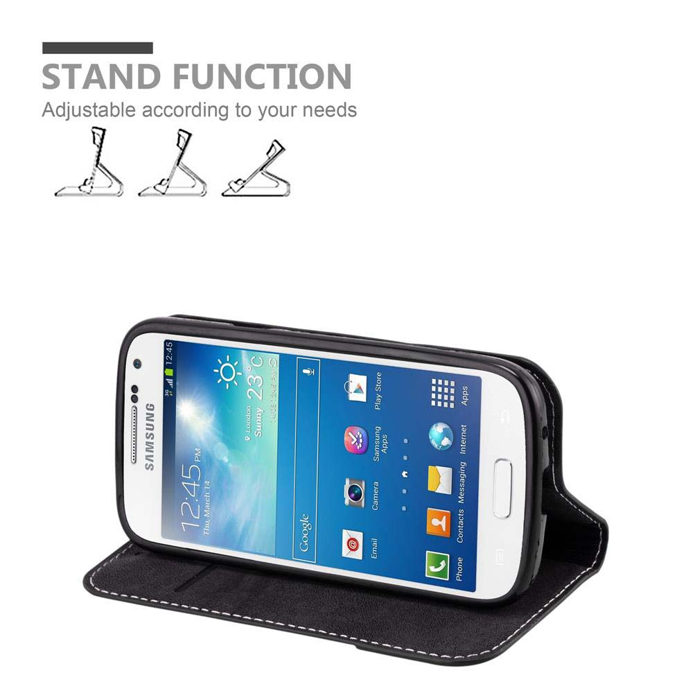 Smartphone Samsung in custodia nera, con funzione stand e tre supporti.