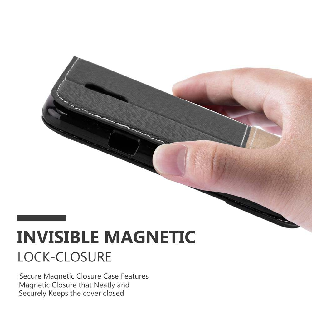 Custodia nera per telefono con chiusura magnetica invisibile tenuta da una mano.