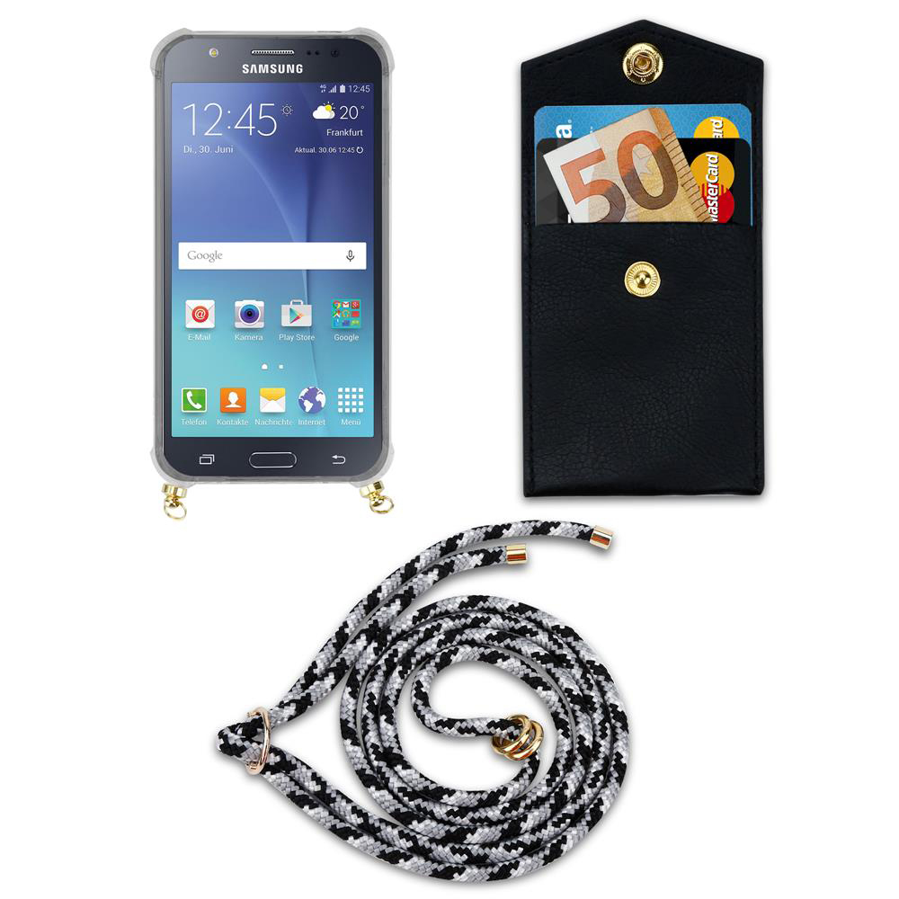 Un portafoglio nero con carte e contanti, accanto a uno smartphone e un cordino.