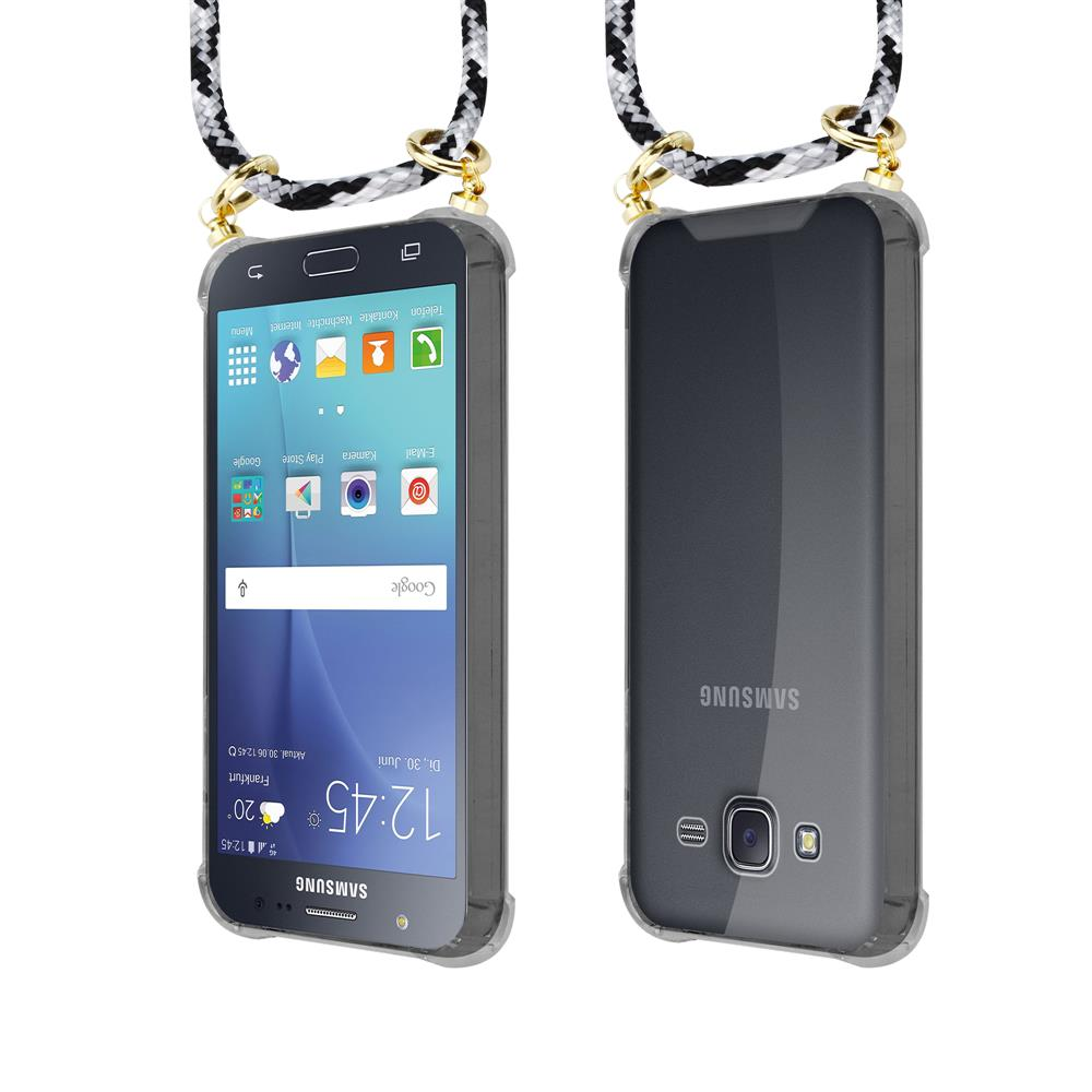 Due smartphone Samsung in custodie trasparenti con cordini, uno mostra lo schermo.