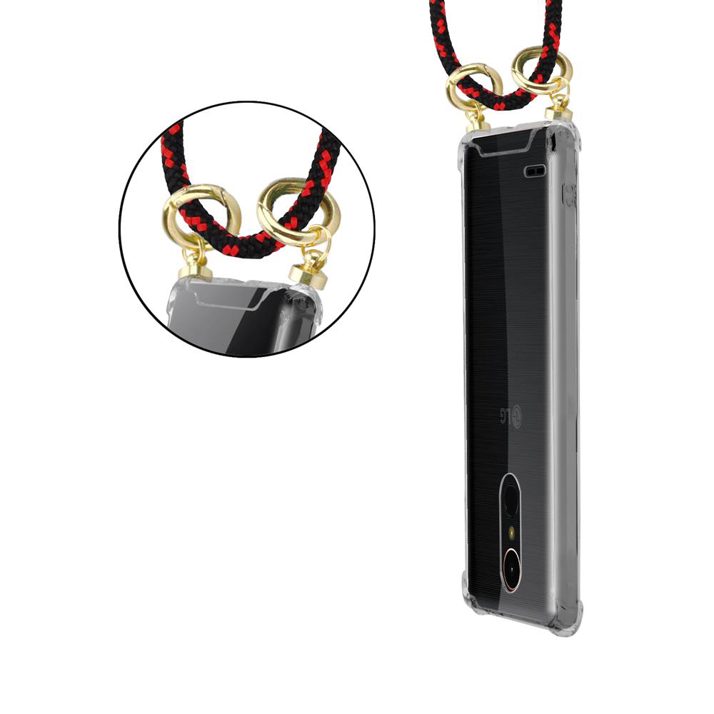 Transparente Handyhülle mit rotem und schwarzem Lanyard, das an goldenen Ringen befestigt ist.