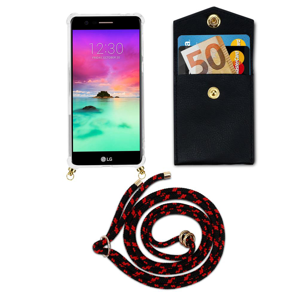 Ein transparentes Handy mit Schnur, schwarze Geldbörse mit Geldscheinen und Karten.