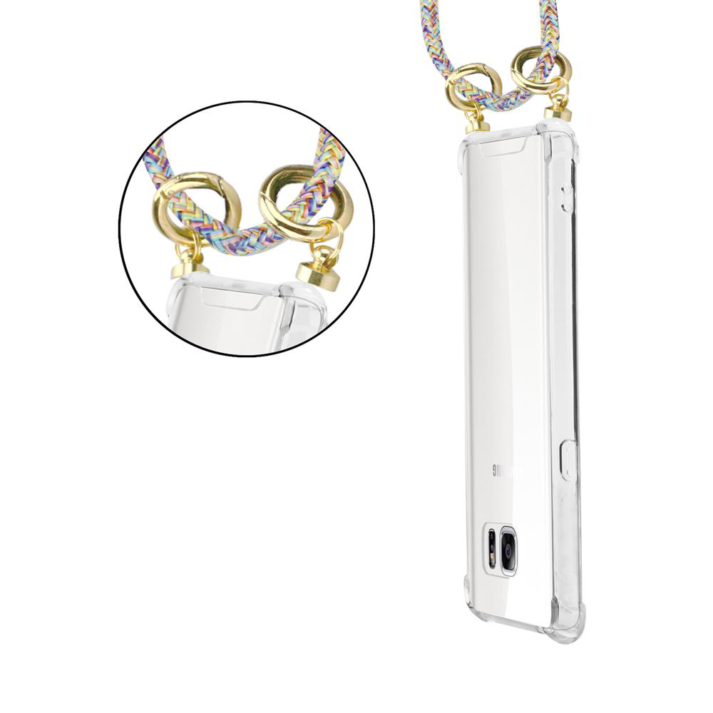 Custodia trasparente con cinturino intrecciato colorato e hardware dorato.