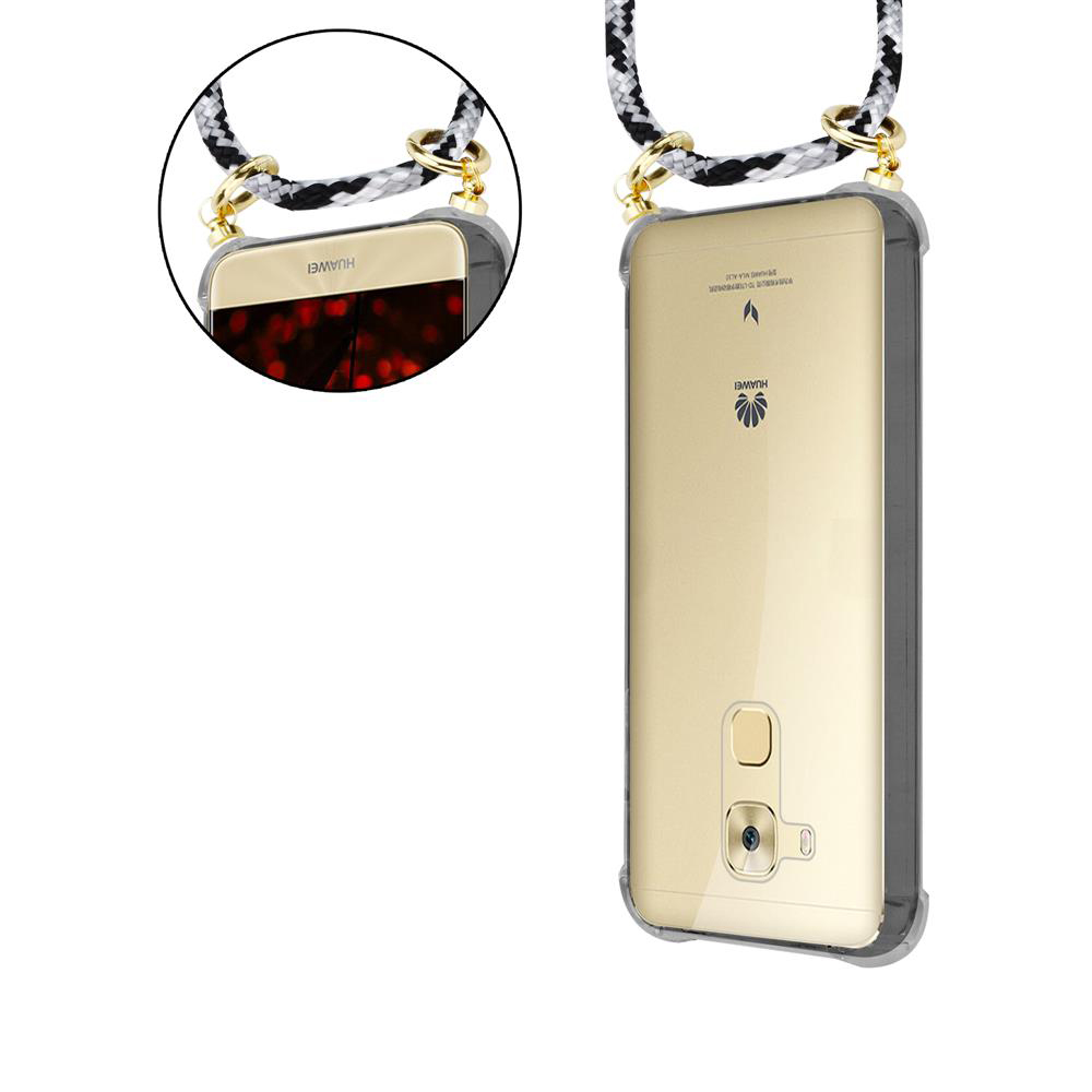 Un telefono Huawei dorato in custodia trasparente con cinturino bianco e nero.