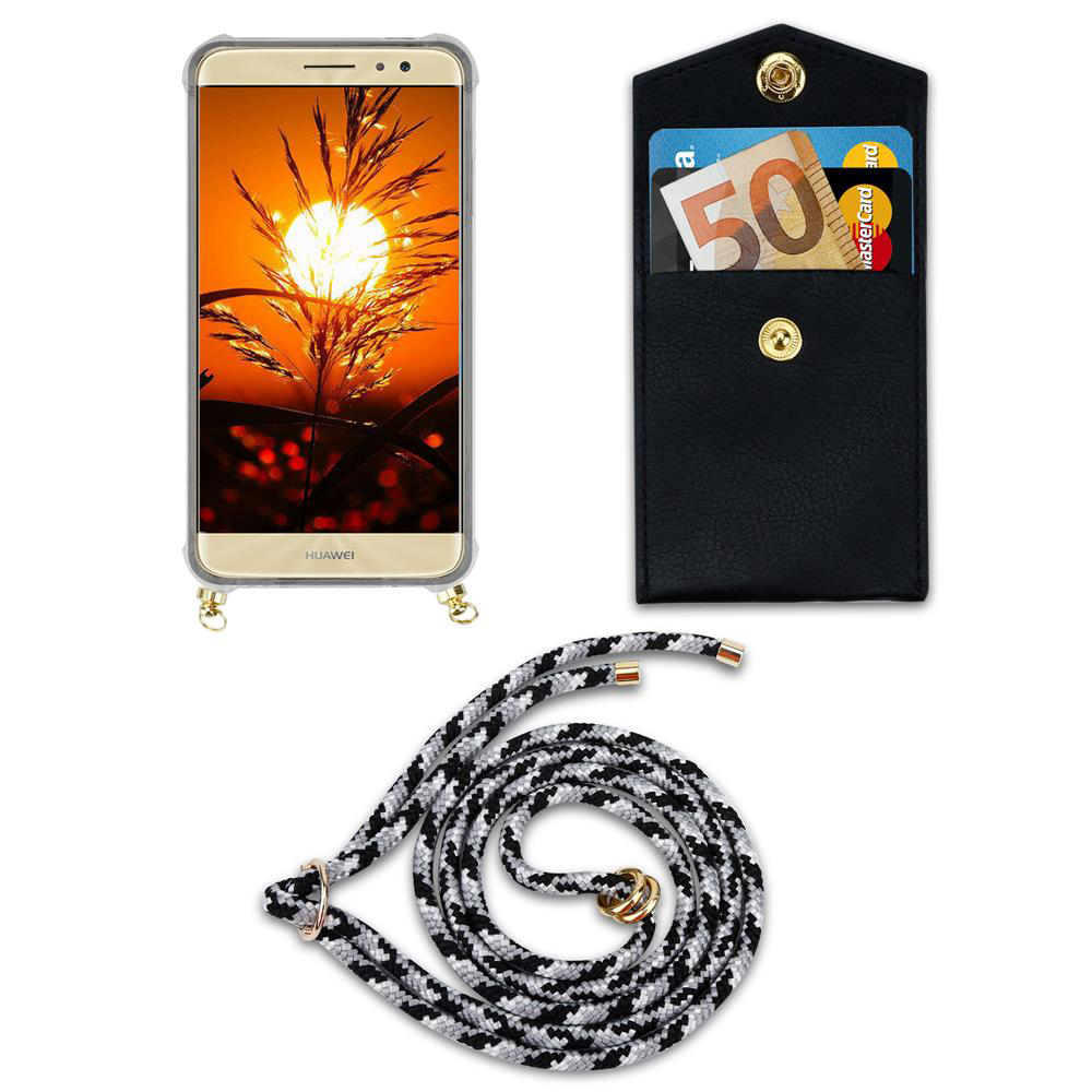 Smartphone in custodia con tramonto, tasca nera con carte, cordino.