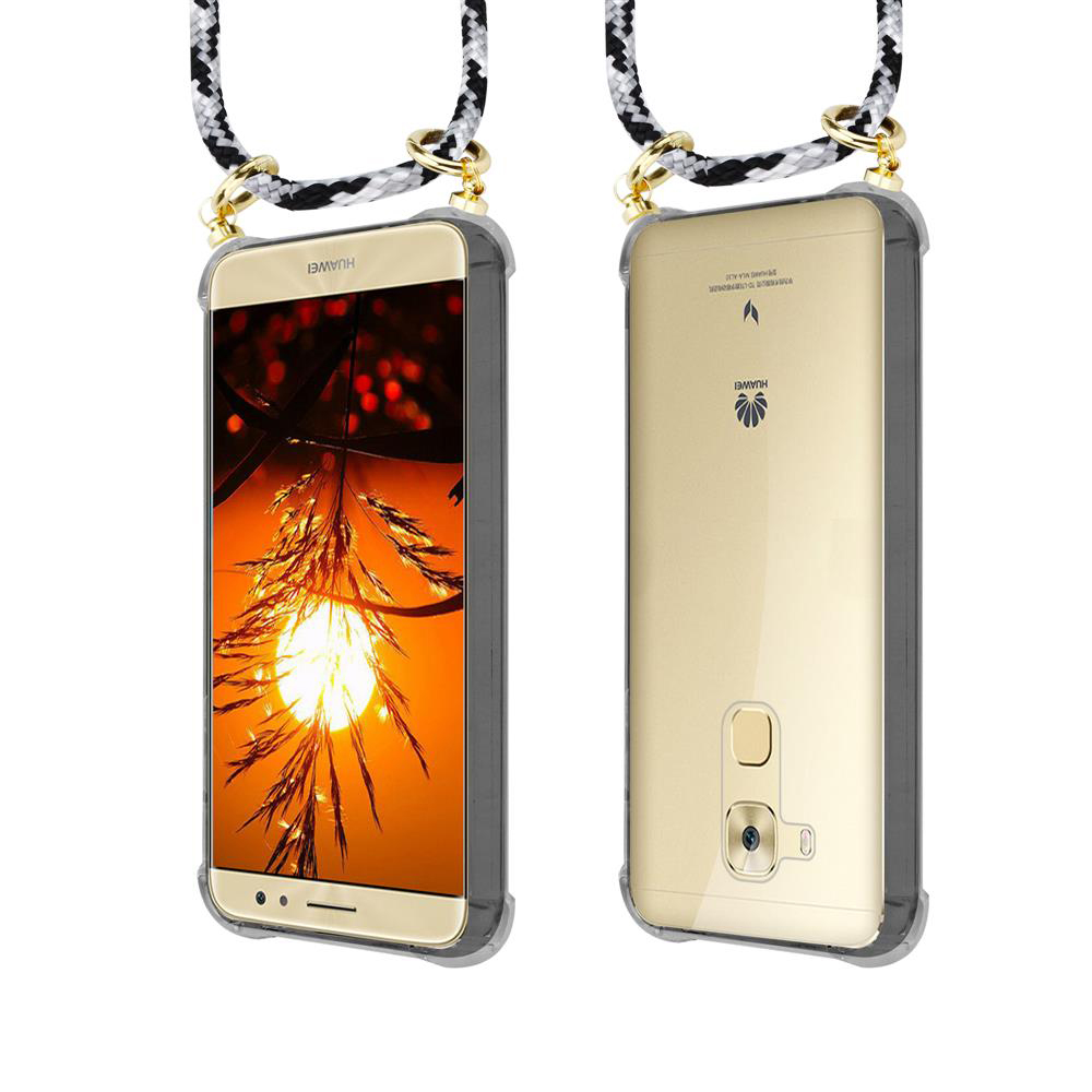 Due telefoni Huawei con laccetto, vista frontale tramonto, vista posteriore dorata.