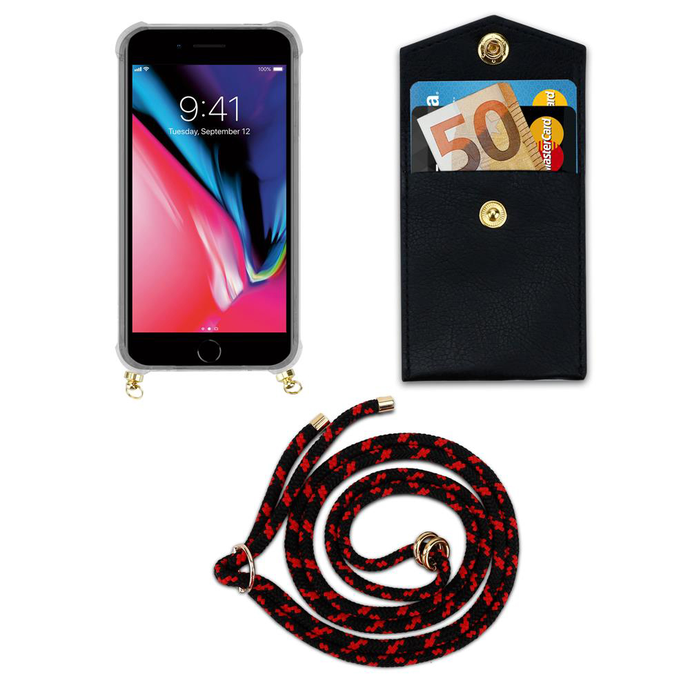 Uno smartphone in custodia, un portafoglio nero con soldi e carte, e un cordino rosso e nero.