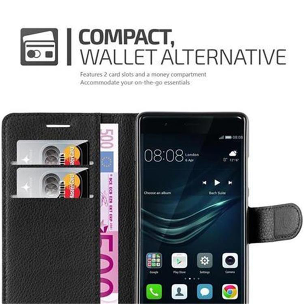 Schwarzes Wallet-Etui mit Handy, zwei Kartenfächern und Geldscheinfach.