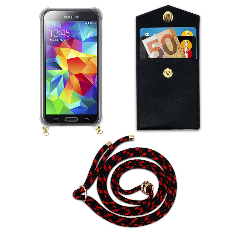 Uno smartphone in una custodia, un portafoglio con soldi e carte e un laccetto.