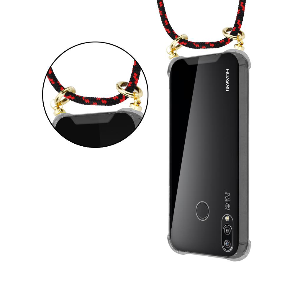 Un telefono Huawei nero in una custodia trasparente con un laccetto intrecciato.