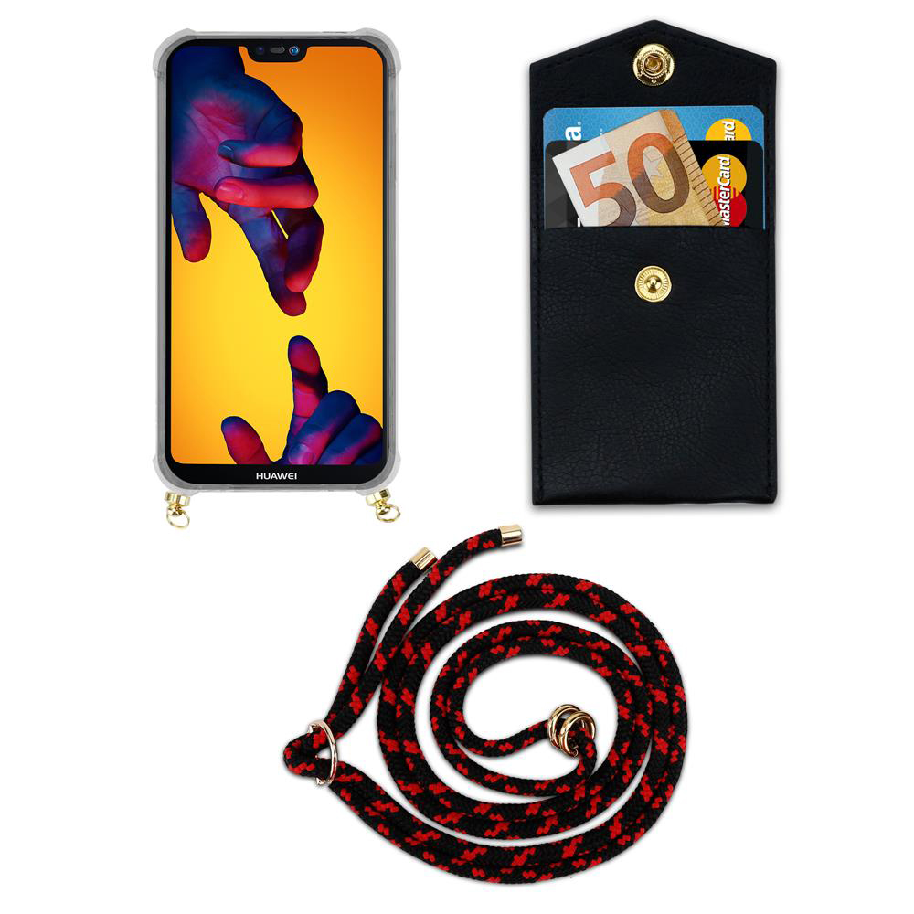Uno smartphone in una custodia, un portafoglio con soldi e carte, e un cordino.