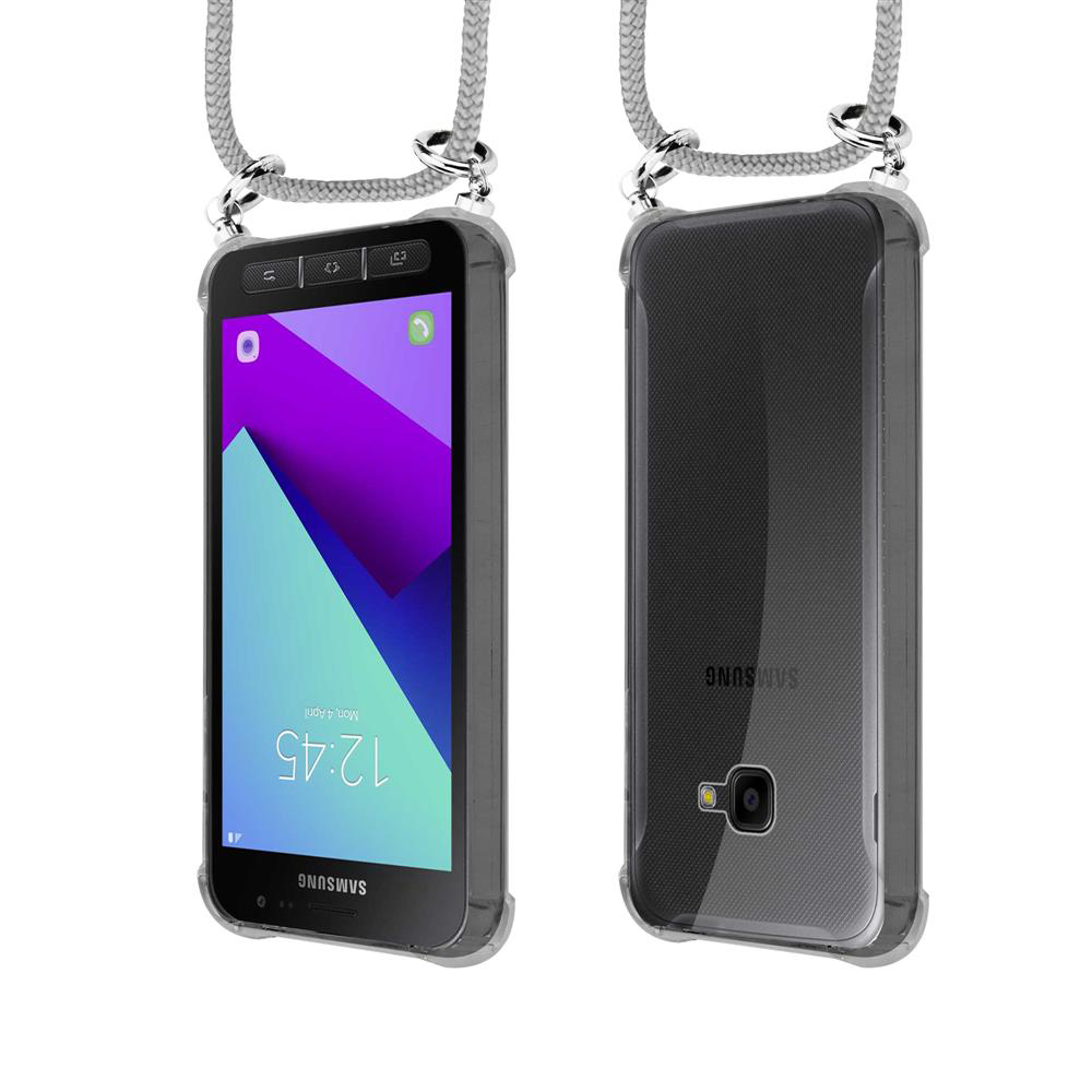 Samsung smartphone in custodia trasparente con cordino, vista fronte e retro.