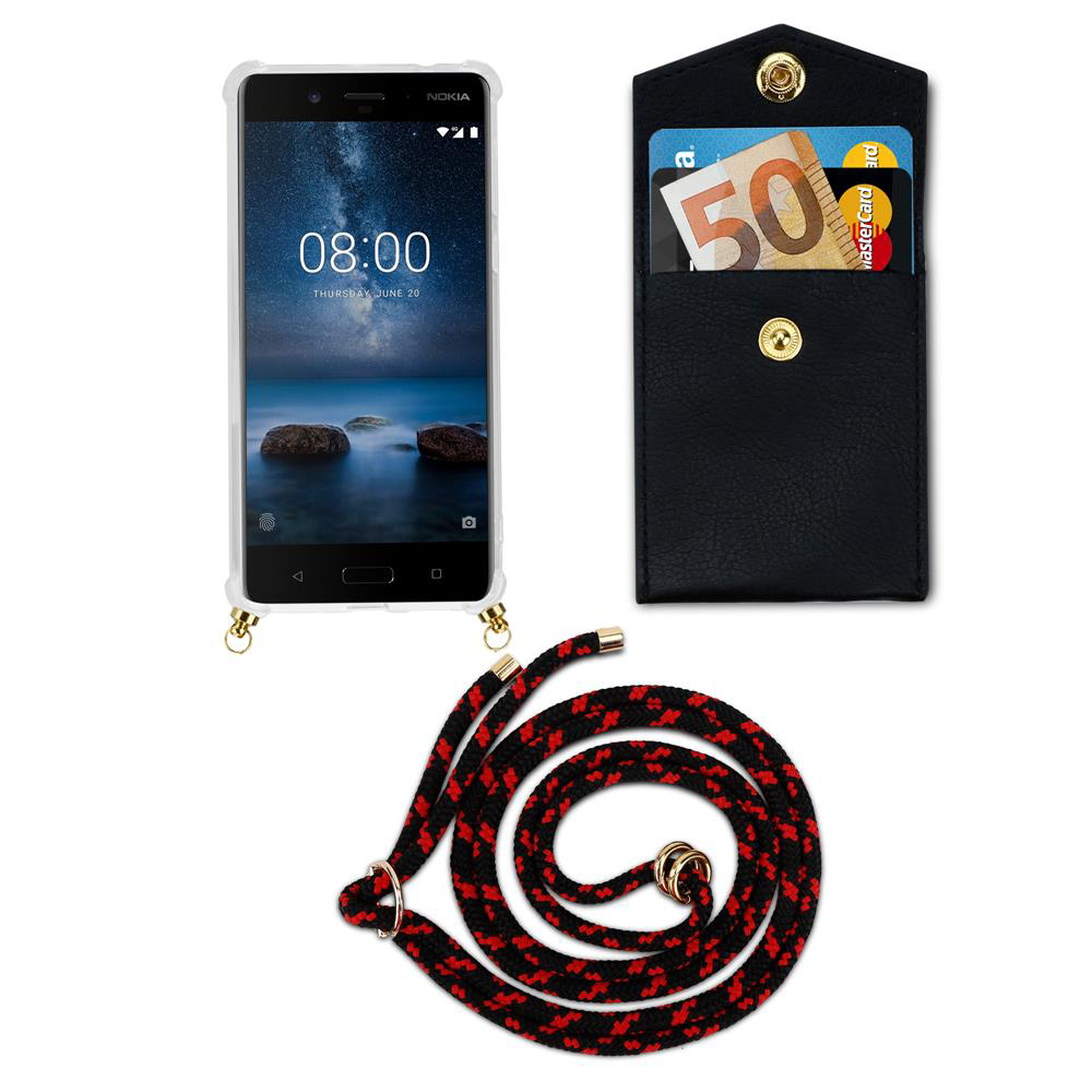 Ein Nokia-Smartphone mit einer schwarzen Hülle, daneben eine schwarze Brieftasche mit Geld und Karten.