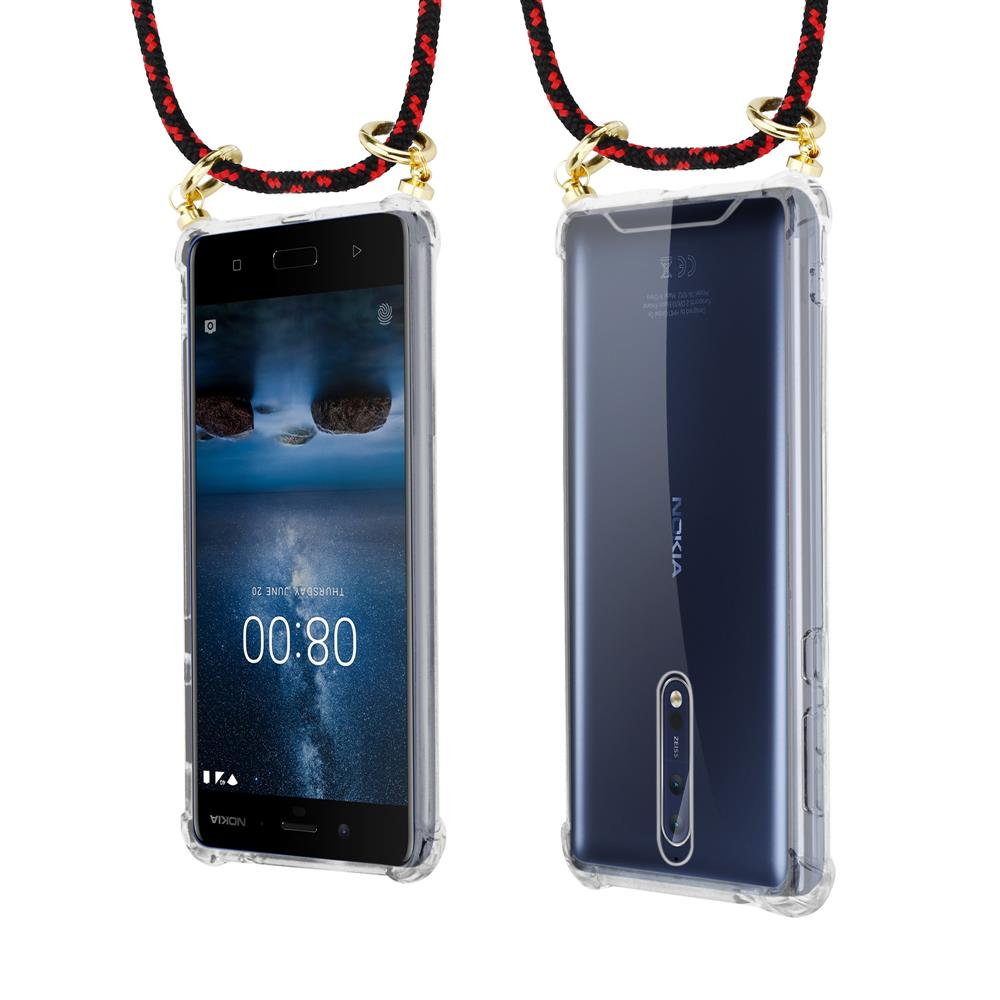 Zwei Smartphones in durchsichtigen Hüllen mit roten/schwarzen Lanyards.