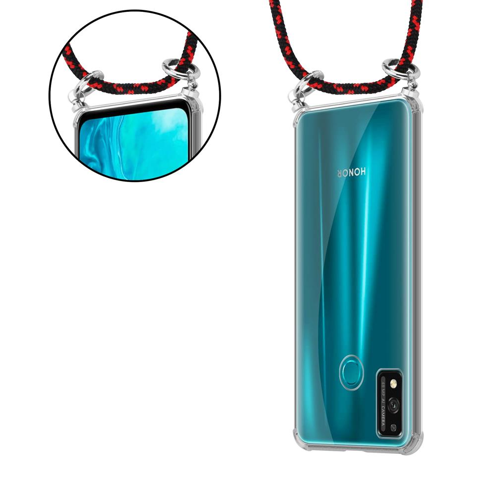 Custodia trasparente con cordino, mostra il retro di uno smartphone Honor.