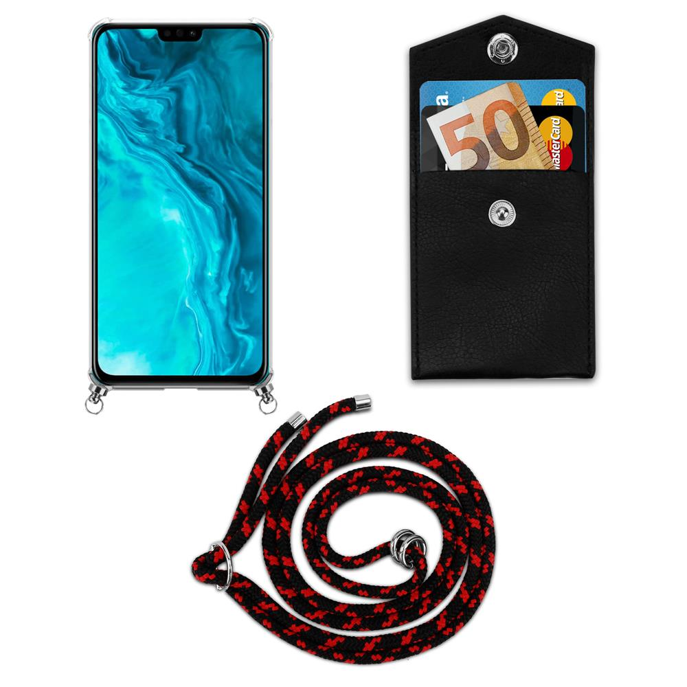 Uno smartphone in custodia, una tasca nera con banconota da 50 euro e un laccetto.