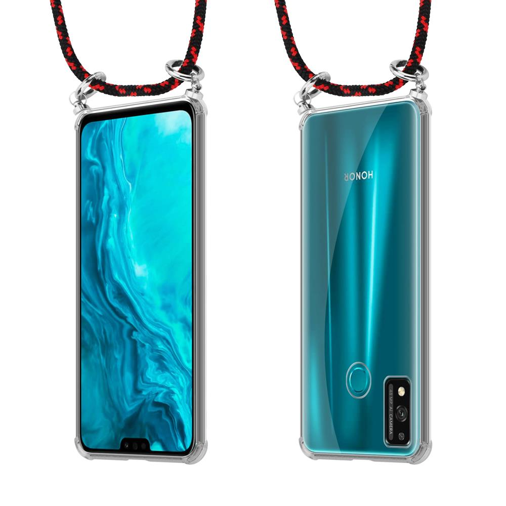 Uno smartphone in custodia trasparente con laccio, viste frontale e posteriore.