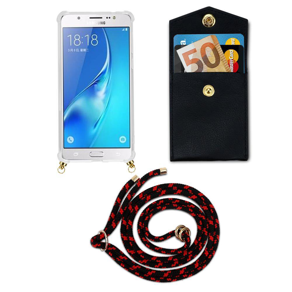 Uno smartphone in custodia, un portafoglio nero con soldi e carte, e un laccetto.