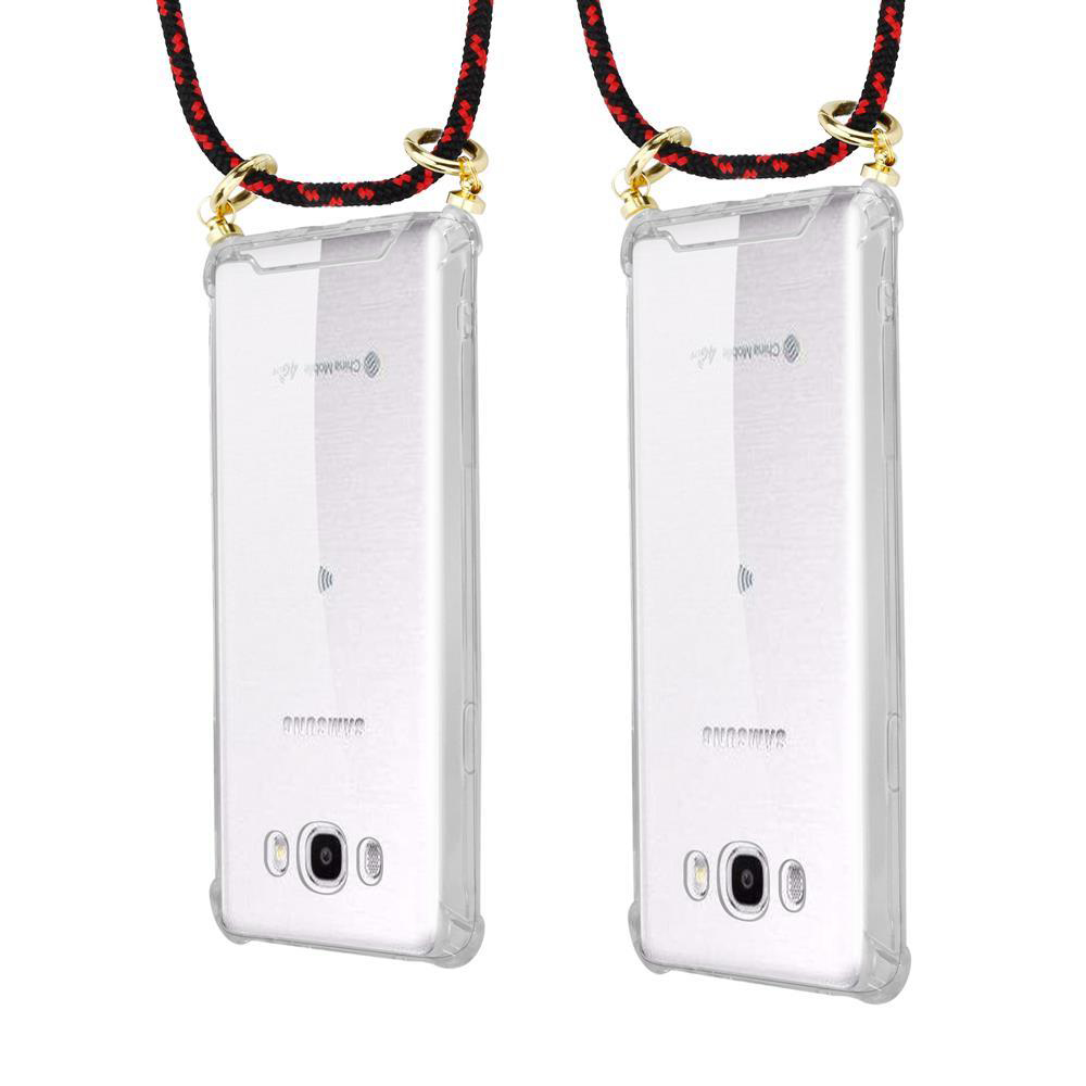 Due telefoni Samsung in custodie trasparenti con cordini.