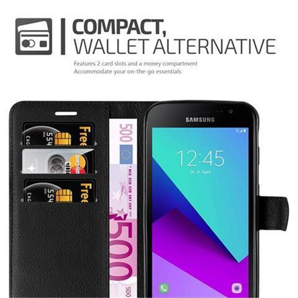 Custodia a portafoglio nera con telefono Samsung, carte e banconota.