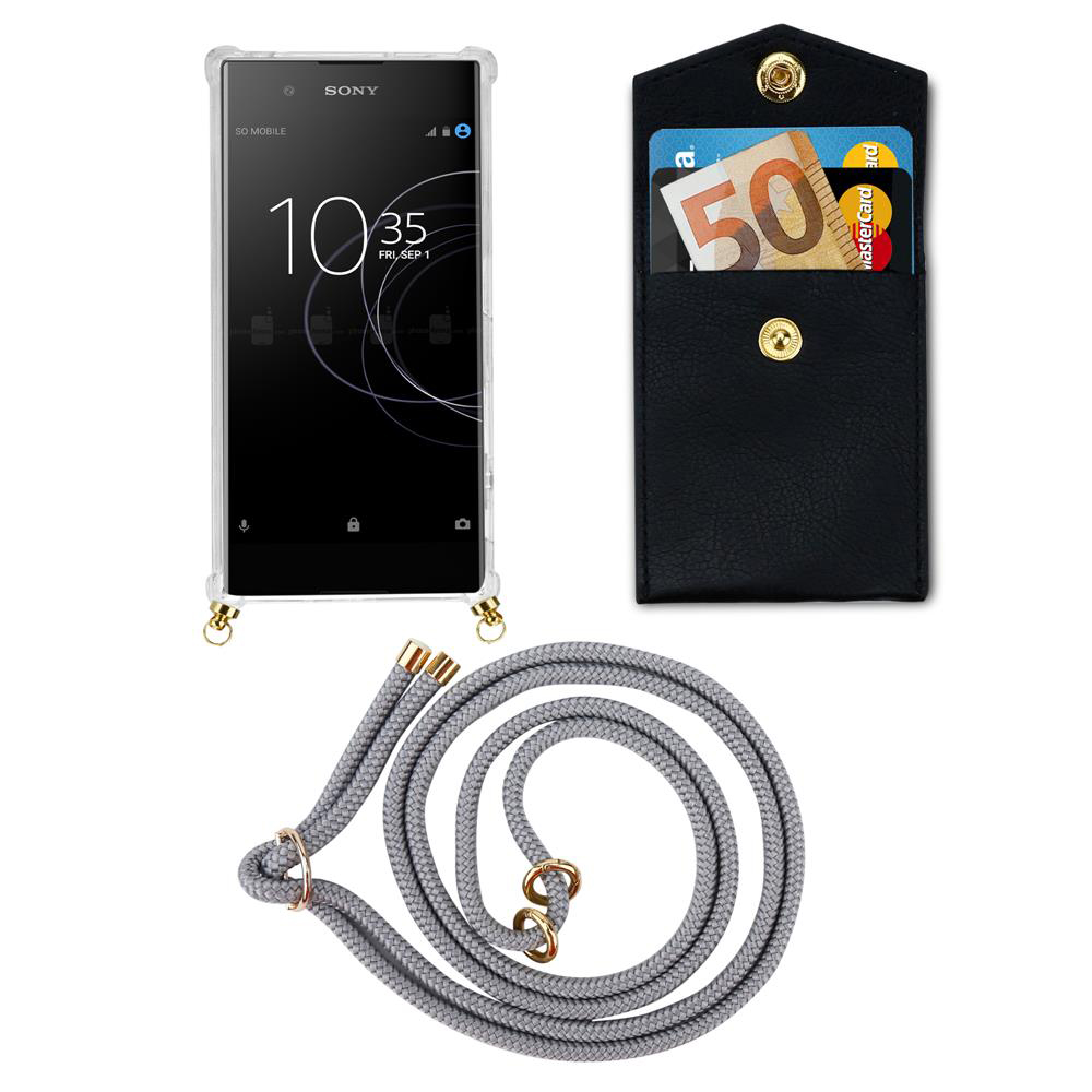 Sony Smartphone mit transparentem Case, schwarzer Kartenhalter mit Euro und Lanyard.