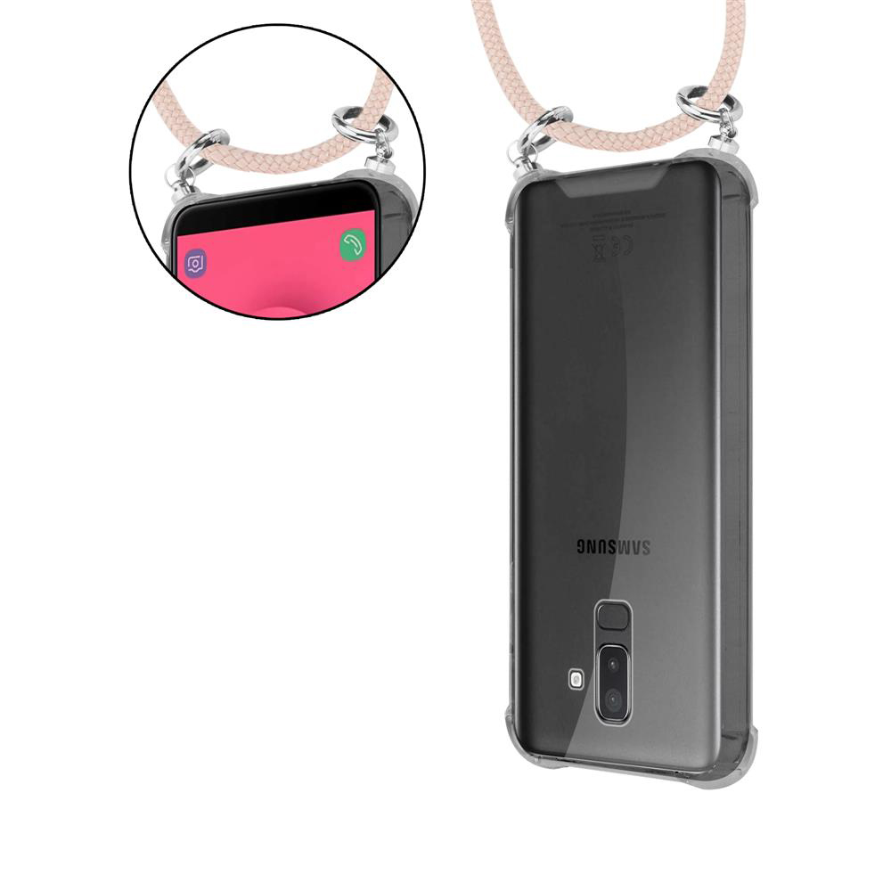 Ein Smartphone mit einer Hülle und einem Band, vorne und hinten gezeigt.