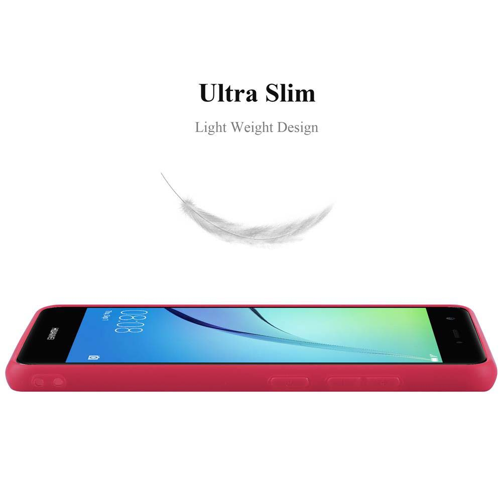 Telefono rosso sottile con grafica piuma e testo 'Ultra Slim'.