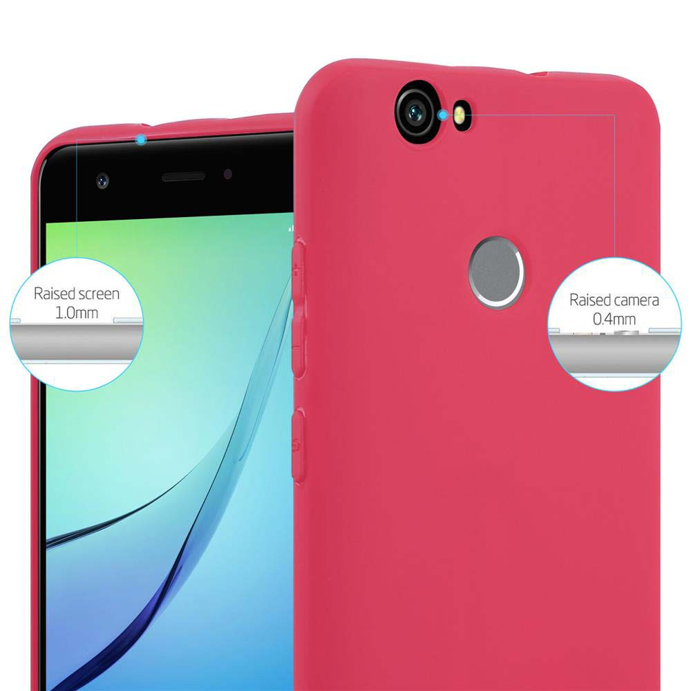 Una custodia rosa per telefono con schermo e fotocamera rialzati.