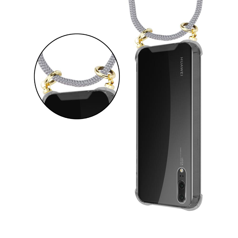 Uno smartphone Huawei nero in custodia trasparente con laccetto grigio.