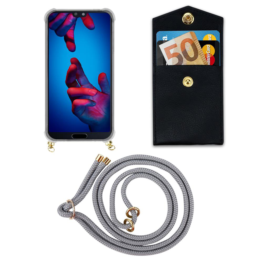 Smartphone con custodia, portafoglio con soldi e carte, e cordino grigio.