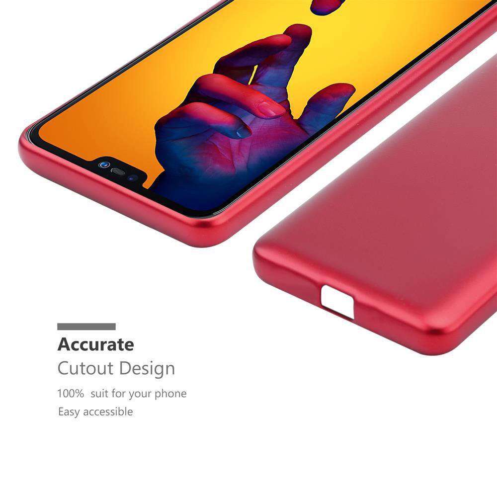Custodia rossa accanto a uno smartphone che mostra una mano tesa.