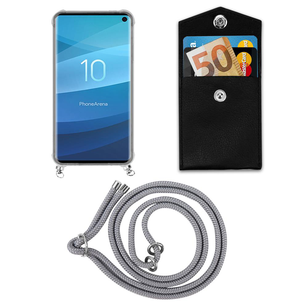 Uno smartphone, un portafoglio da 50 euro e un cordino grigio.