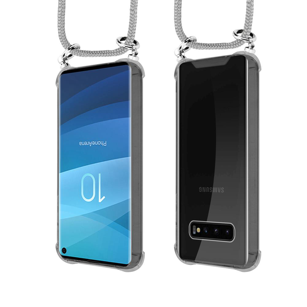 Due smartphone in custodie trasparenti con cordini, viste frontale e posteriore.