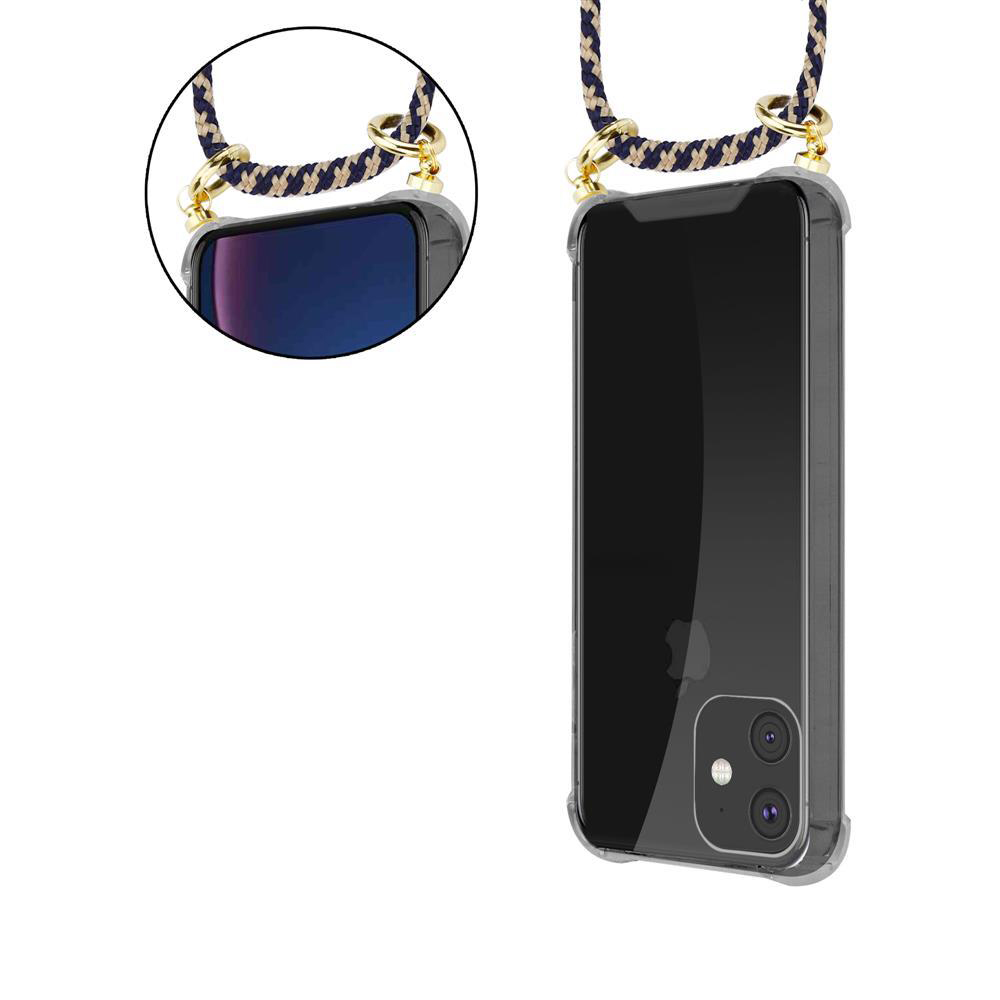 Una custodia trasparente per telefono con cinturino intrecciato blu navy e oro