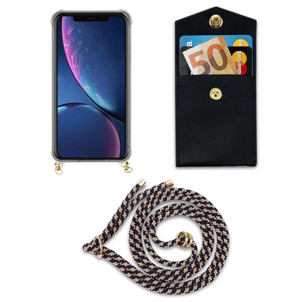 Uno smartphone con custodia, un portafoglio nero con carte e soldi e un cordone.