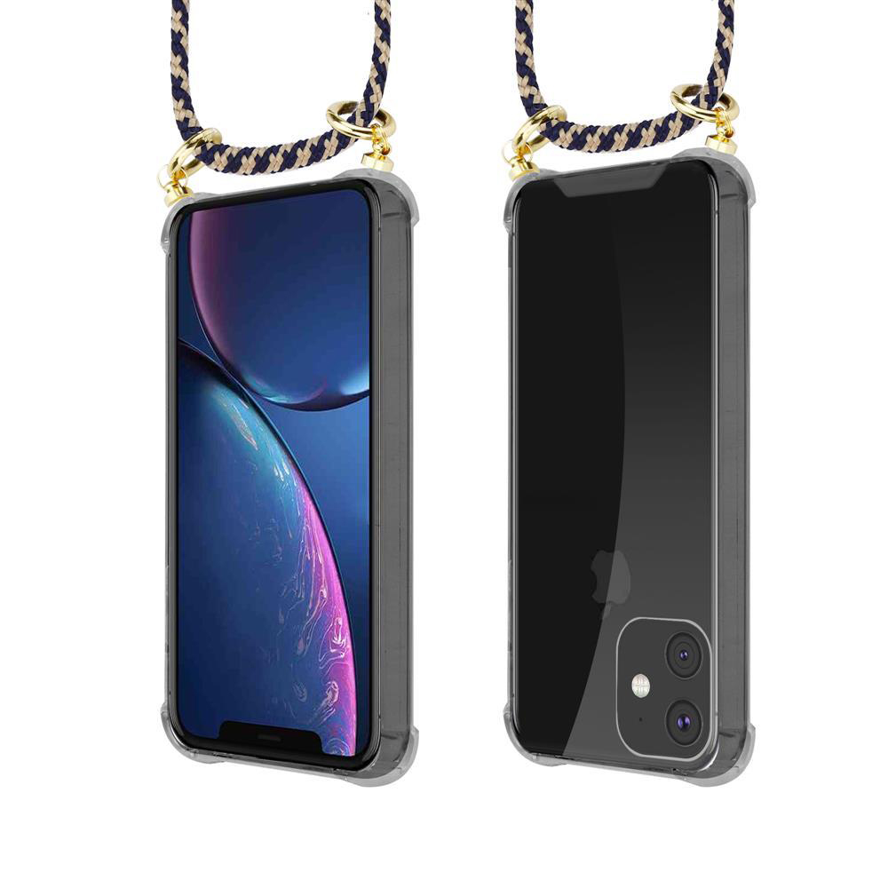 Due iPhone in custodie trasparenti con laccetti su sfondo bianco.