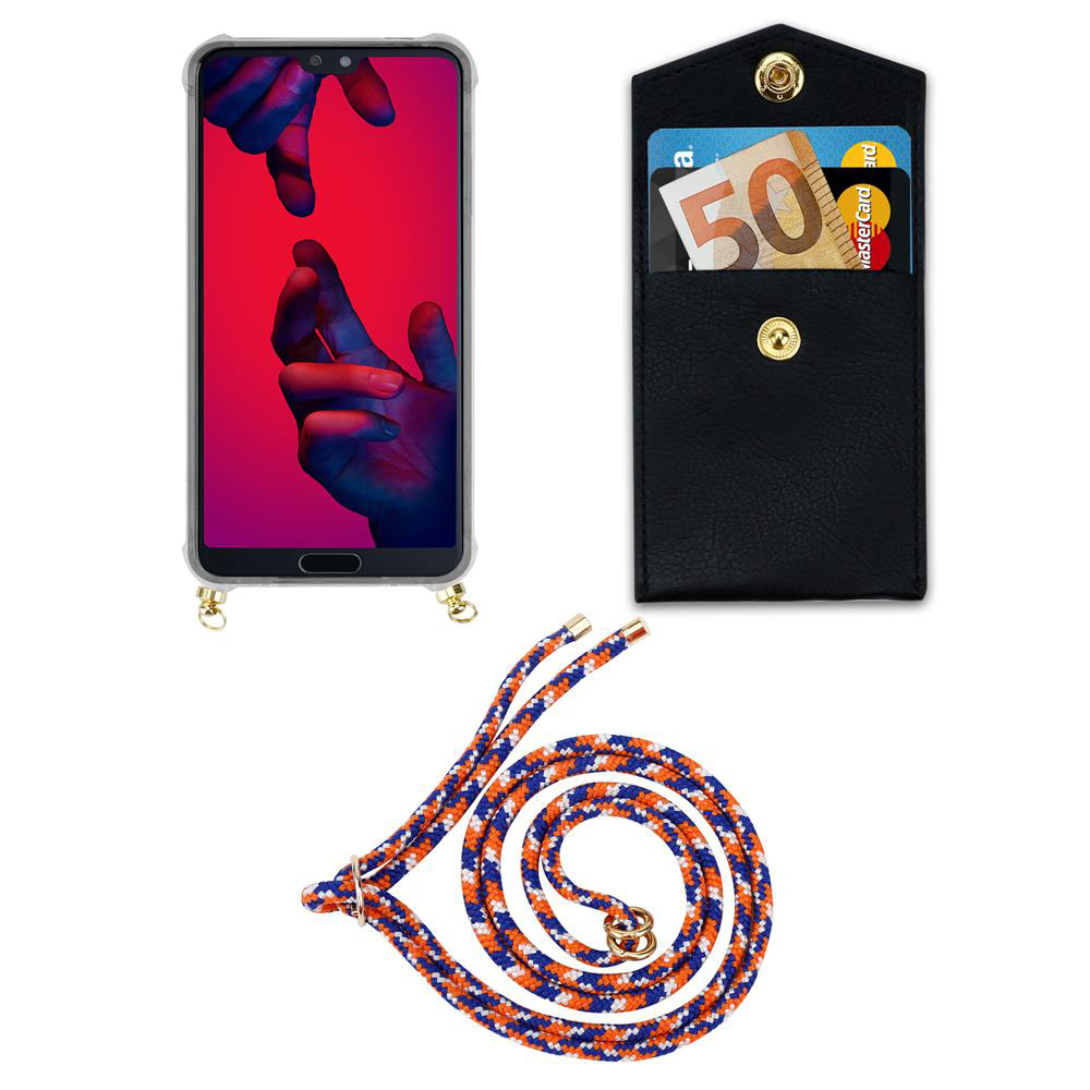 Smartphone in custodia, portafoglio con soldi e carte, e cordino.