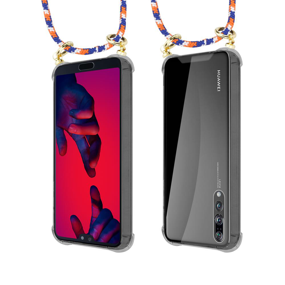 Due telefoni in custodie con laccetti colorati, uno schermo, uno fotocamera.