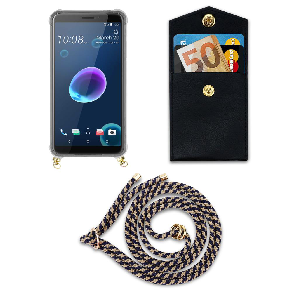 Ein Smartphone mit Hülle, Geldbörse mit Geld und Karten, und eine Lanyard auf weißem Hintergrund.