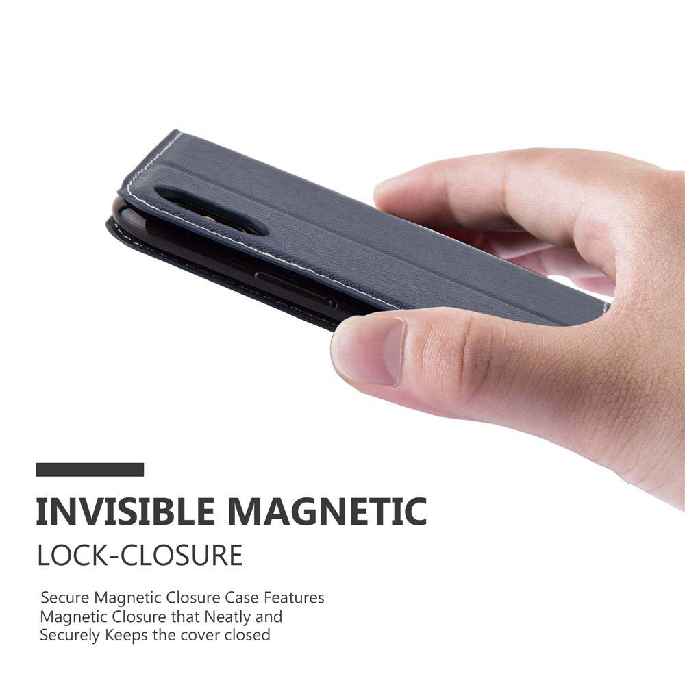 Dunkelgraues Handyhülle mit Magnetverschluss, von Hand gehalten.