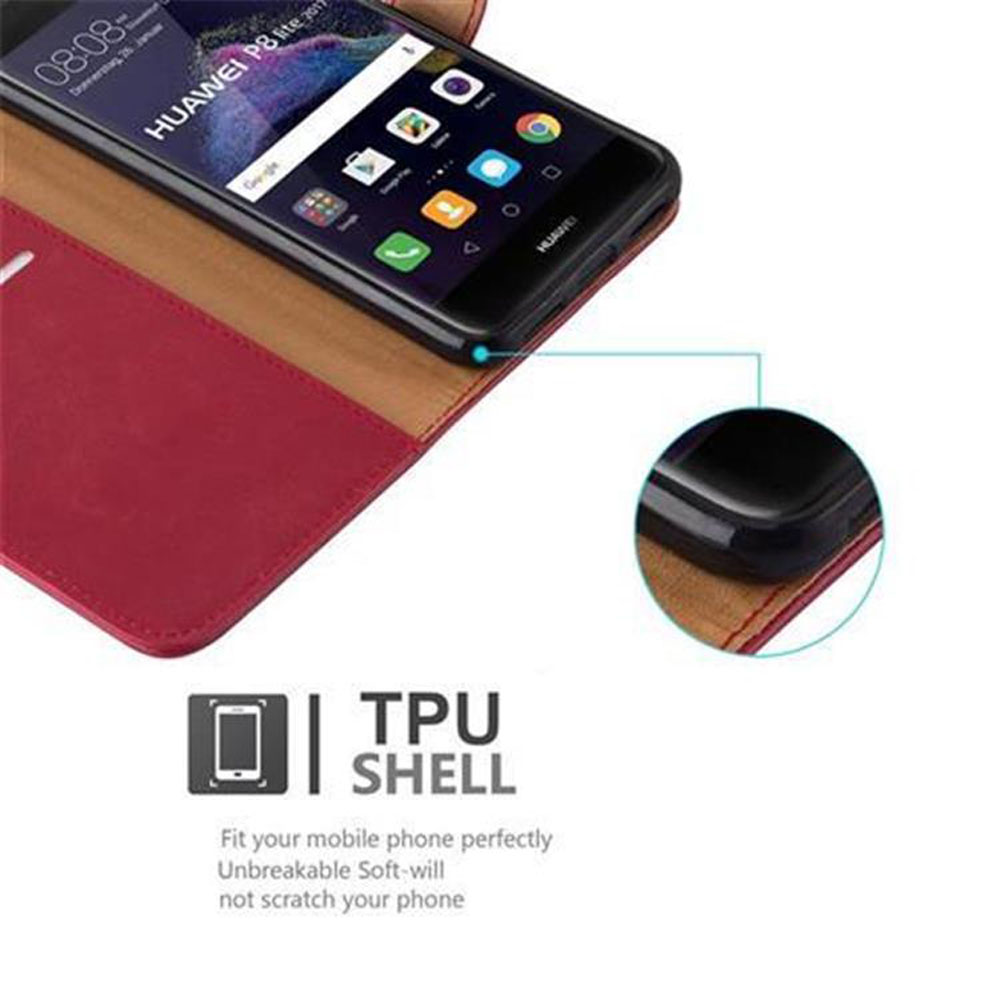 Rote Lederhülle mit Huawei P8 Lite 2017 Handy, Apps angezeigt. TPU Schale Detail.