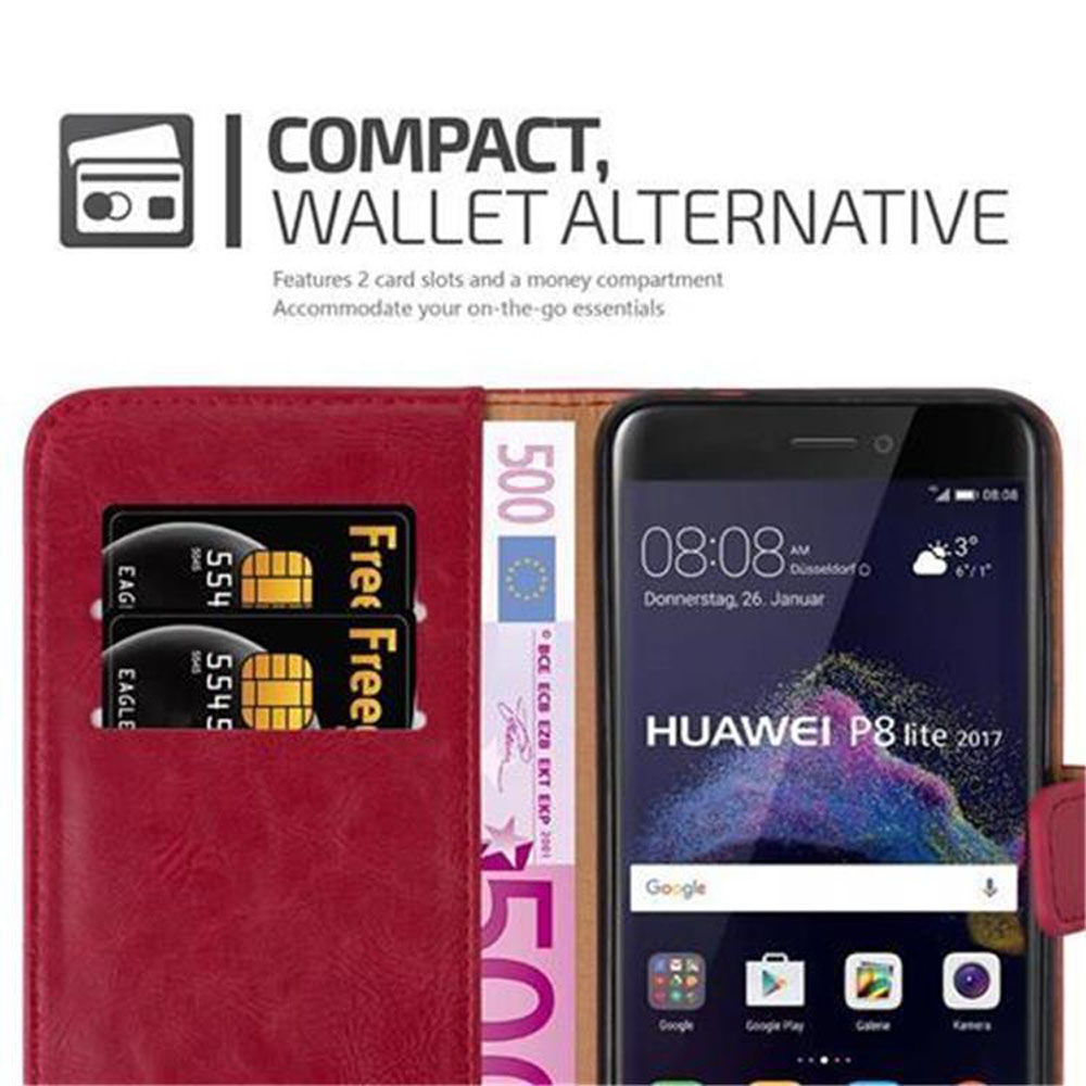 Rote Brieftasche mit Handy, zwei Karten und 500-Euro-Schein.