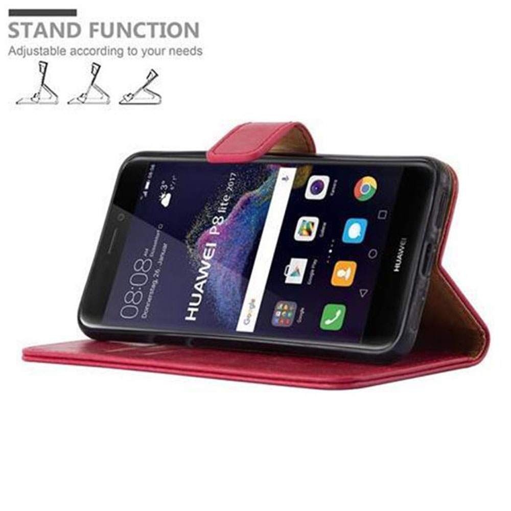 Rotes Handycover mit Huawei P8 lite 2017 im Querformat, mit Standfunktion.