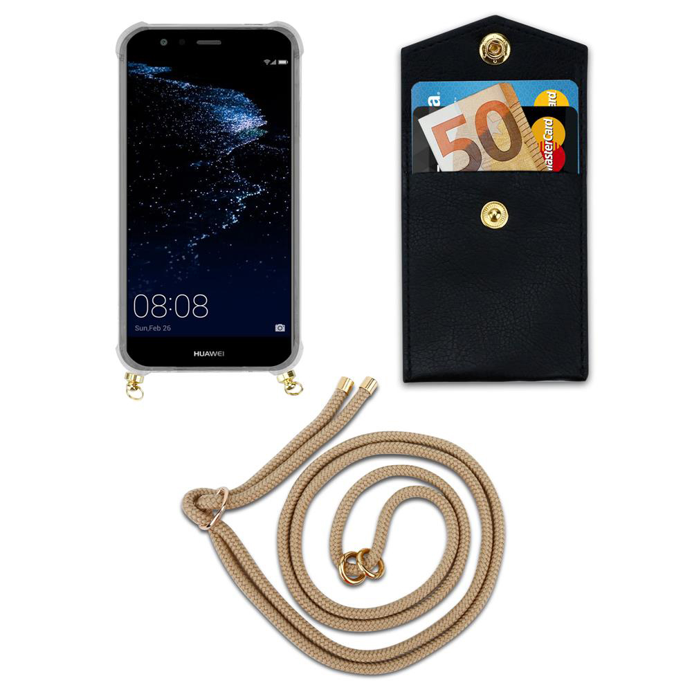 Uno smartphone in una custodia, una tasca nera con soldi e carte e un cordino.