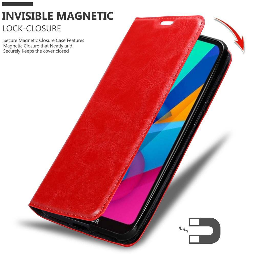 Custodia magnetica rossa aperta, mostra schermo colorato e simbolo magnetico.