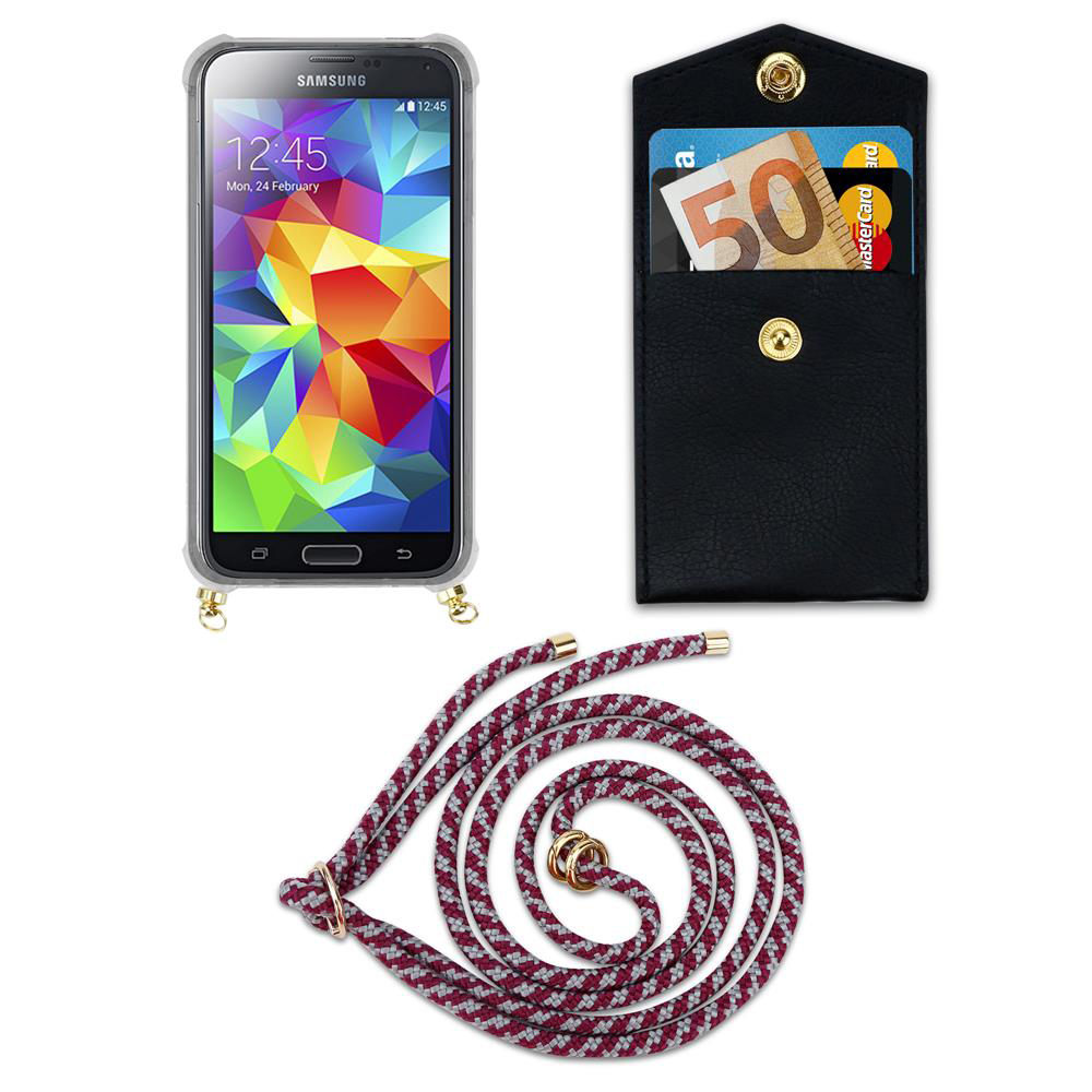 Smartphone con custodia, portafoglio con carte e laccetto